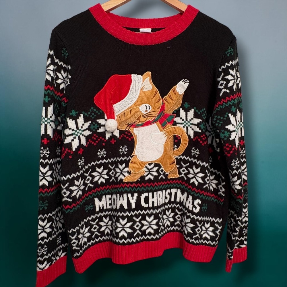 Holiday Time Meowy Christmas Dabbing Cat Ugly Sweater Black XL 14-16 Husky